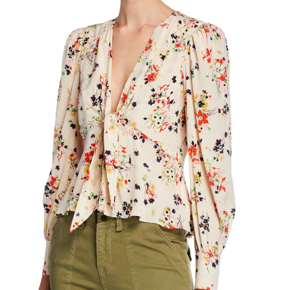 Payton Floral Tie-Front Silk Blouse Cream | VERONICA BEARD sz 6 NWOT